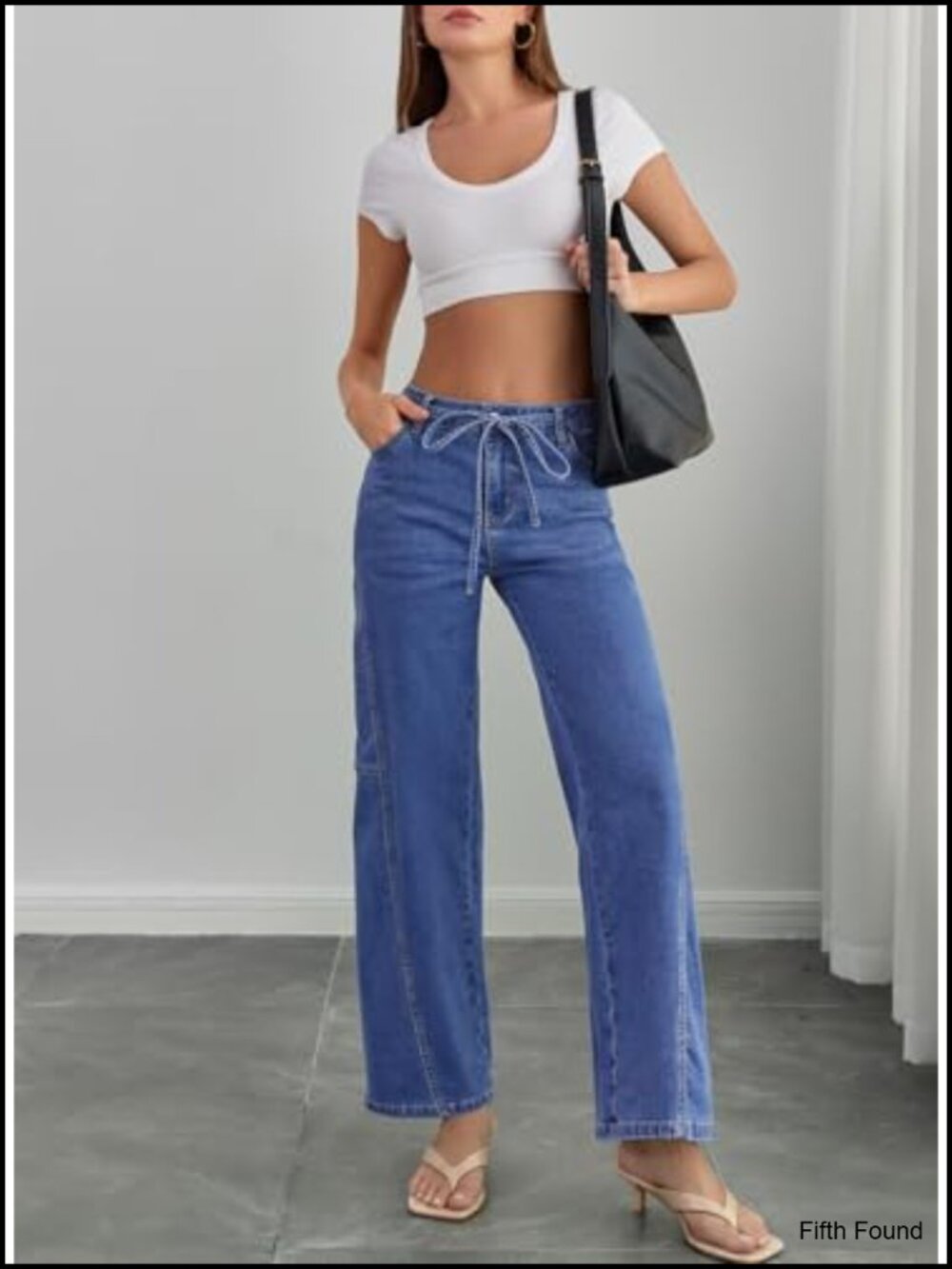 Wide Leg Jeans Mid Waisted Stretchy Drawstring Button Down Denim Pants 2026 - Picture 2 of 6